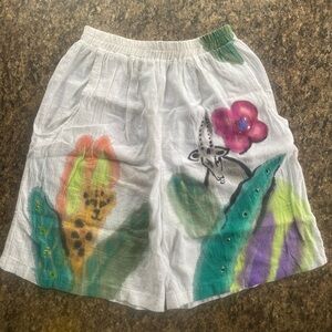 Valerie Lynn Designer Artwear White Shorts Animal Floral Painted Vintage 80s OS
